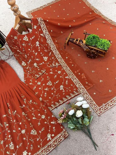Orange Georgette Embroidery work Full Sleeves Sharara Suit - BONYHUBSALWAR KAMEEZ