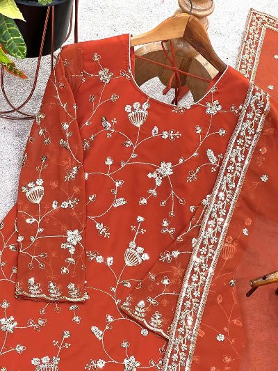 Orange Georgette Embroidery work Full Sleeves Sharara Suit - BONYHUBSALWAR KAMEEZ