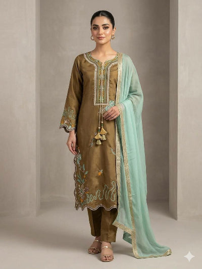 Olive Green &amp; Mint Green Embroidered Straight Suit for Women
