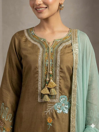 Olive Green &amp; Mint Green Embroidered Straight Suit for Women