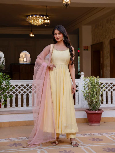 Butter Yellow Sleeveless Anarkali Suit with Blush Pink Net Dupatta for Women