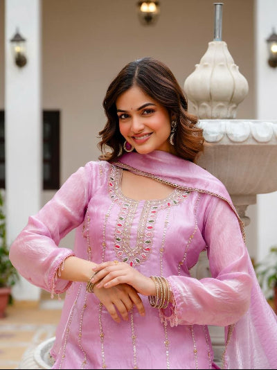 Blush Pink Embroidered Fendi Silk Palazzo Suit for Women | Asian Ethnic Wear UK