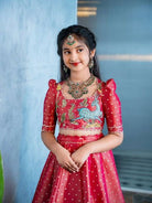 Deep Pinkish Red Kids Printed Chinon Silk Lehenga Choli Set - BONYHUBLehangas