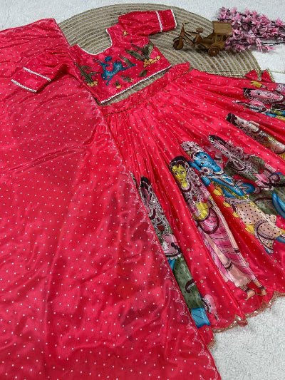 Deep Pinkish Red Kids Printed Chinon Silk Lehenga Choli Set - BONYHUBLehangas