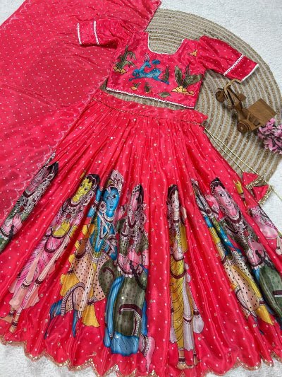 Deep Pinkish Red Kids Printed Chinon Silk Lehenga Choli Set - BONYHUBLehangas