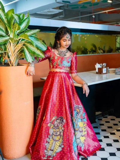 Deep Pinkish Red Kids Printed Chinon Silk Lehenga Choli Set - BONYHUBLehangas