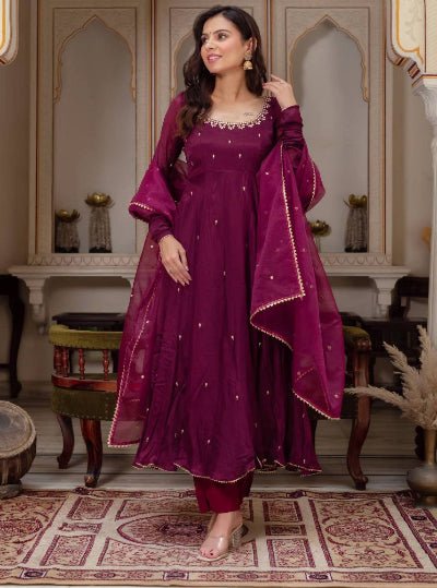 Plum Elegance Georgette Embroidery Anarkali Suit Set - BONYHUBSALWAR KAMEEZ