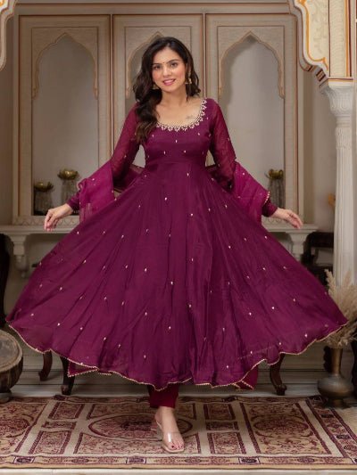 Plum Elegance Georgette Embroidery Anarkali Suit Set - BONYHUBSALWAR KAMEEZ