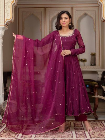 Plum Elegance Georgette Embroidery Anarkali Suit Set - BONYHUBSALWAR KAMEEZ