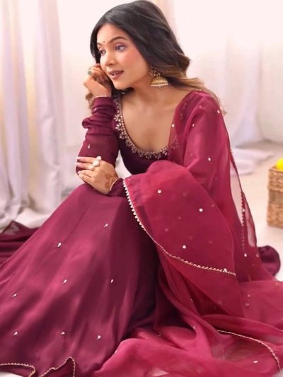 Plum Elegance Georgette Embroidery Anarkali Suit Set - BONYHUBSALWAR KAMEEZ