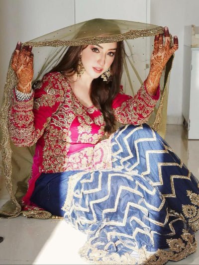 Red & Navy Blue Embroidery Sequins Sharara With Gold Dupatta - BONYHUBSALWAR KAMEEZ