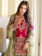 Red & Navy Blue Embroidery Sequins Sharara With Gold Dupatta - BONYHUBSALWAR KAMEEZ