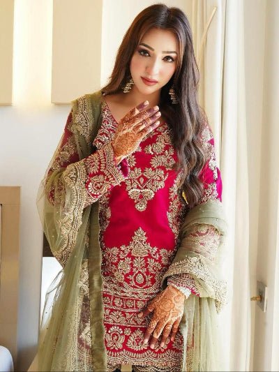 Red & Navy Blue Embroidery Sequins Sharara With Gold Dupatta - BONYHUBSALWAR KAMEEZ