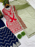 Red & Navy Blue Embroidery Sequins Sharara With Gold Dupatta - BONYHUBSALWAR KAMEEZ