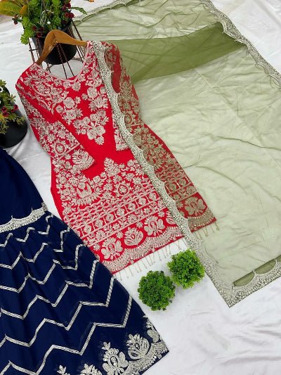 Red & Navy Blue Embroidery Sequins Sharara With Gold Dupatta - BONYHUBSALWAR KAMEEZ