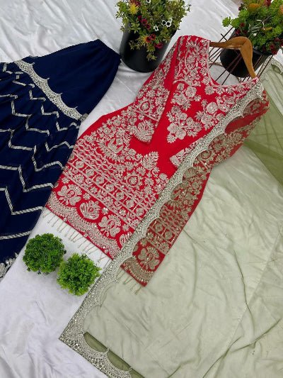 Red & Navy Blue Embroidery Sequins Sharara With Gold Dupatta - BONYHUBSALWAR KAMEEZ