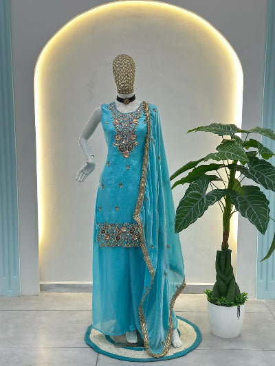 Ice Blue Embroidery Sequins Work Palazzo Suit
