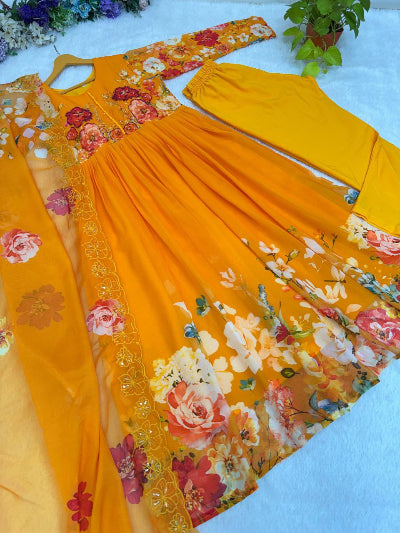 Orange Bloom Georgette Floral Anarkali Suit
