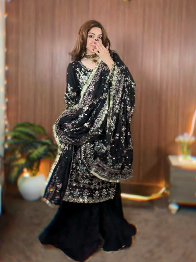 Partywear Embroidery Work Sharara Suit- Black &amp; Green