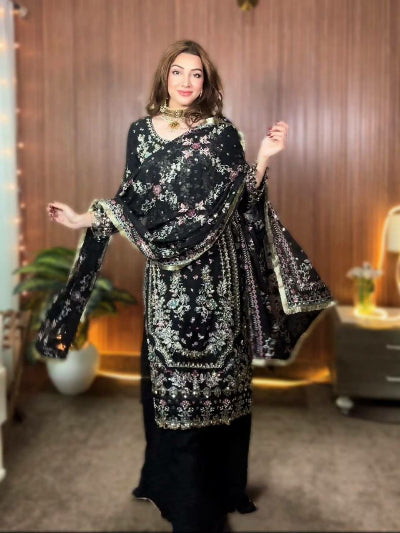 Partywear Embroidery Work Sharara Suit- Black &amp; Green