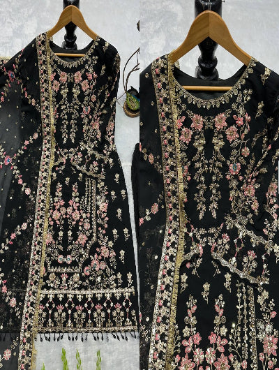 Partywear Embroidery Work Sharara Suit- Black &amp; Green