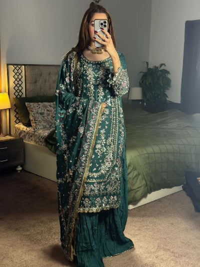Partywear Embroidery Work Sharara Suit- Black &amp; Green