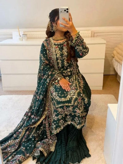 Partywear Embroidery Work Sharara Suit- Black &amp; Green