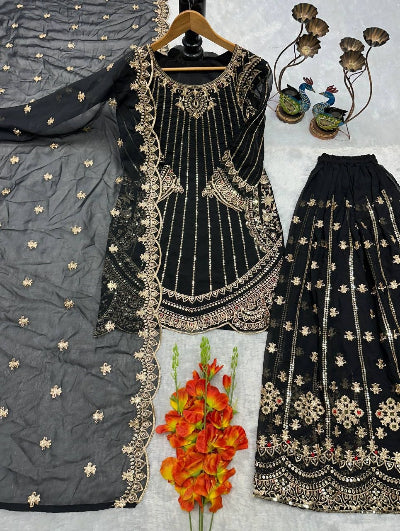 Black Georgette Gold Embroidered Party Wear Suit