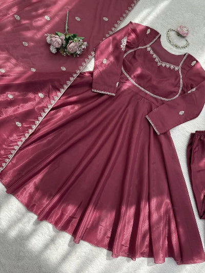 Dusty Pink Embroidery Work Anarkali Suit Set