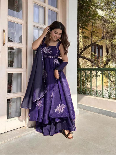 Purple Sleeveless Embroidered Anarkali Suit Set