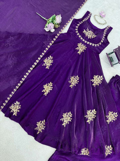 Purple Sleeveless Embroidered Anarkali Suit Set