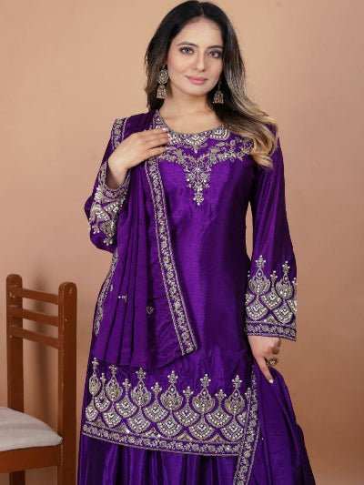 Purple Chinon Silk Embroidey Moti Work Sharara Palazzo Set - BONYHUBSALWAR KAMEEZ