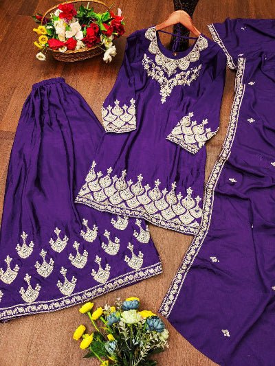 Purple Chinon Silk Embroidey Moti Work Sharara Palazzo Set - BONYHUBSALWAR KAMEEZ