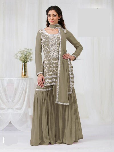 Pastel Olive Green Georgette Embroidery Gharara Suit Set - BONYHUBSALWAR KAMEEZ