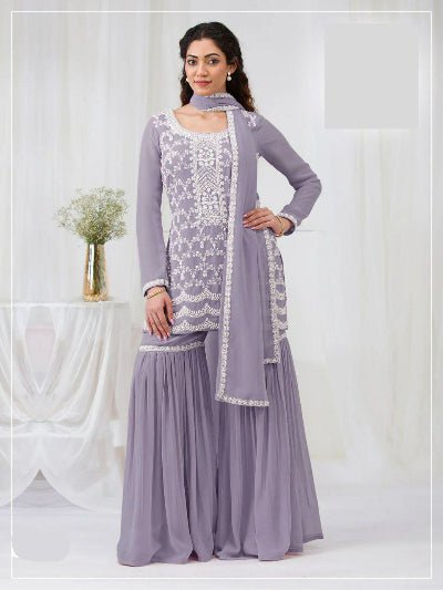 Pastel Lavender Georgette Embroidery Gharara Suit Set - BONYHUBSALWAR KAMEEZ