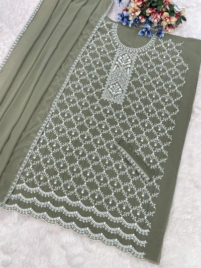 Pastel Olive Green Georgette Embroidery Gharara Suit Set - BONYHUBSALWAR KAMEEZ
