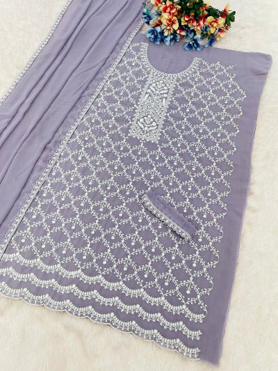 Pastel Lavender Georgette Embroidery Gharara Suit Set - BONYHUBSALWAR KAMEEZ
