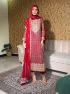 Red Georgette Exquisite Embroidery Work Straight Suit - BONYHUBSALWAR KAMEEZ