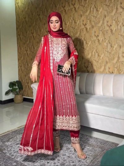 Red Georgette Exquisite Embroidery Work Straight Suit - BONYHUBSALWAR KAMEEZ