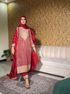 Red Georgette Exquisite Embroidery Work Straight Suit - BONYHUBSALWAR KAMEEZ