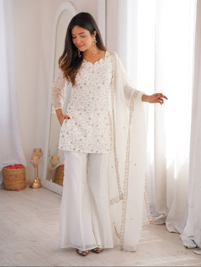 White Embroidered Kurta with Bell Bottom Pant &amp; Dupatta