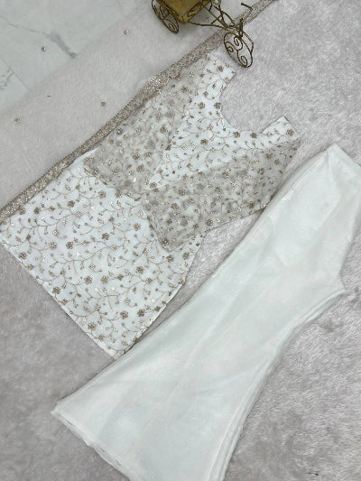 White Embroidered Kurta with Bell Bottom Pant &amp; Dupatta