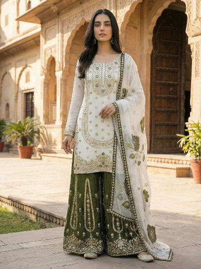 White & Mehendi Green Embroidery Tissue Silk Sharara Suit