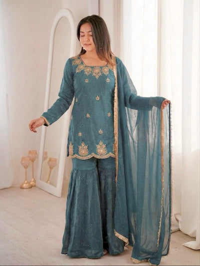 Partywear Embroidery Work Gharara Suit- 4 Colours