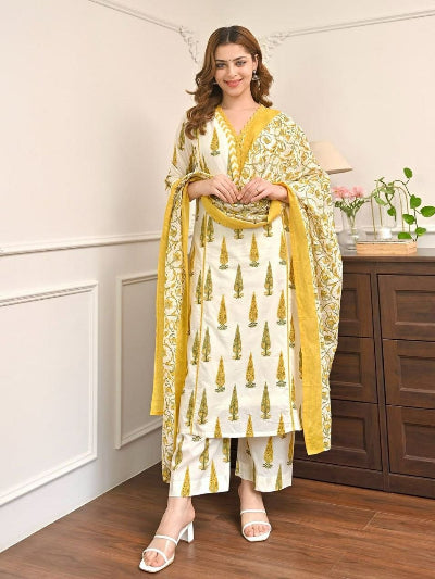 White Jaipuri Cotton Kurta Set with Palazzo &amp; Dupatta