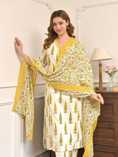 White Jaipuri Cotton Kurta Set with Palazzo &amp; Dupatta
