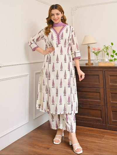 White Purple Jaipuri Cotton Kurta Set UK Next Day