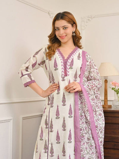 White Purple Jaipuri Cotton Kurta Set UK Next Day