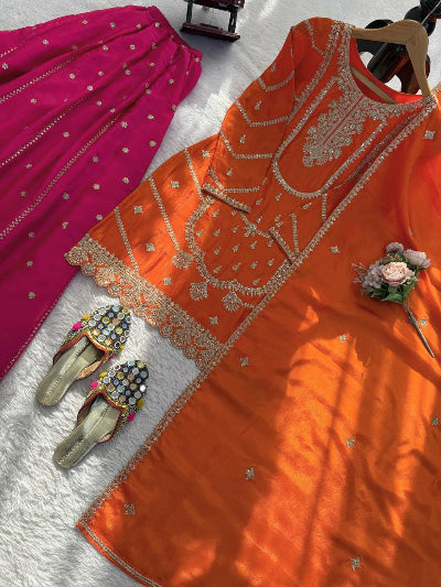 Orange & Pink Chinon Embroidery Festive Sharara Suit