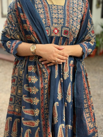 Jaipuri Cotton Mirror Work Anarkali Suit- Brick Red &amp; Navy blue